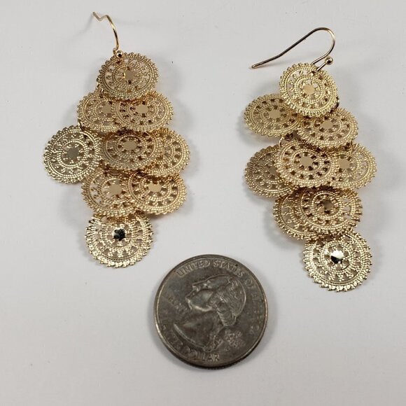 Women's Polished Gold-tone Filigree Round Disc Chandelier Drop Dangle Earrings - Picture 6 of 6